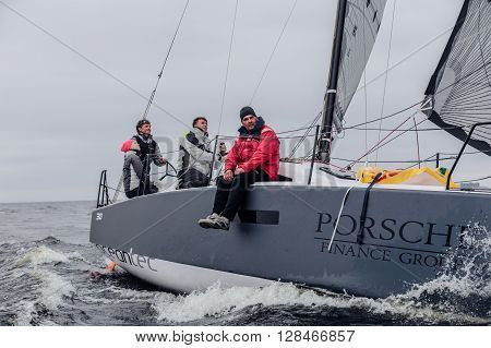 KYIV, UKRAINE - APRIL 26, 2016: Traning on the new model of yacht OceanTECH L30 on the Kyiv water reservoir or Kyiv SEA with Rodion Luka, L30 idea author, Silver Olympic medalist.
