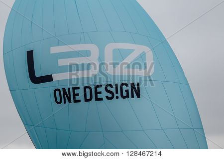 KYIV, UKRAINE - APRIL 26, 2016: Traning on the new model of yacht OceanTECH L30 on the Kyiv water reservoir or Kyiv SEA with Rodion Luka, L30 idea author, Silver Olympic medalist.