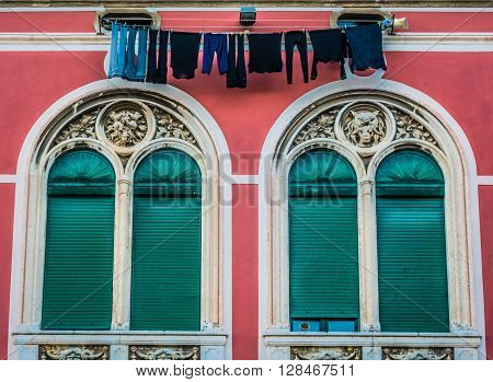 Square details on colourful square in old city center in Split, Croatia.