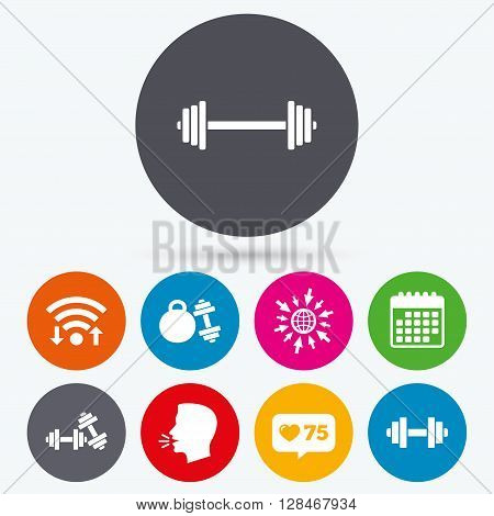 Wifi, like counter and calendar icons. Dumbbells sign icons. Fitness sport symbols. Gym workout equipment. Human talk, go to web.