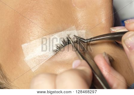 Eyelash extension procedure in beauty salon. Tweezers in hands of tehnician