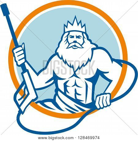 Illustration of a Neptune roman god of sea holding pressure power washer water blaster viewed from front set inside circle on isolated background done in retro style.