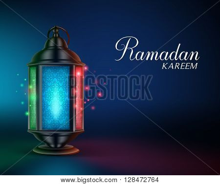 Ramadan Lantern or Fanous with Lights and Ramadan Kareem Greetings in a Colorful Night Background. 3D Realistic Vector Illustration