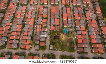 aerial view of home village in thailand use for land development and property real estate business