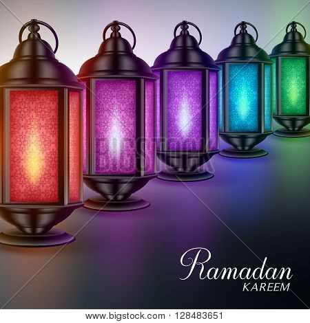 Colorful Ramadan Lanterns or Fanous with Lights and Ramadan Kareem Greetings in a Dark Background. 3D Realistic Vector Illustration