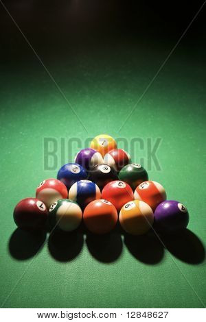Racked pool balls on pool table. Vertical shot.