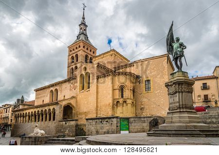 SEGOVIA,SPAIN - APRIL 22,2016 - Place San Martin with church of San Martin.San Martin is Romanesque in style and contains one of the most beautiful Romanesque atriums in Spain.