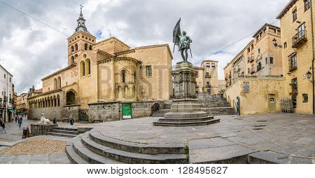 SEGOVIA,SPAIN - APRIL 22,2016 - Place San Martin with church of San Martin.St.Martin is Romanesque in style and contains one of the most beautiful Romanesque atriums in Spain.