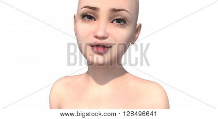 young bald girl shows sad emotions on camera. The face and shoulders. 3D rendering, 3D illustration