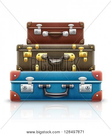 Old retro vintage suitcases bags pile for travel. Vector illustration. Isolated on white background