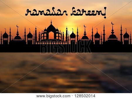 Card with mosques on sea sunset for congratulations with beginning of fasting month of Ramadan as well with Islamic holiday Eid al-Fitr and Eid al-Adha. Vector illustration