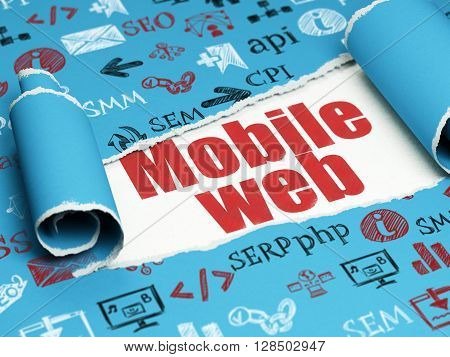 Web development concept: red text Mobile Web under the curled piece of Blue torn paper with  Hand Drawn Site Development Icons, 3D rendering