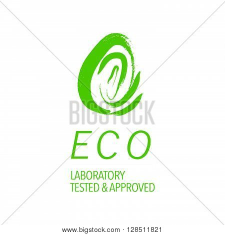 Vector flat eco product emblem. Ecological cosmetic sign. Eco badge. Finger stamp. Natural product line. Nature certificate quality. Leaf icon. Eco symbol. Natural cosmetics. Eco friendly logo. Bio organic product.