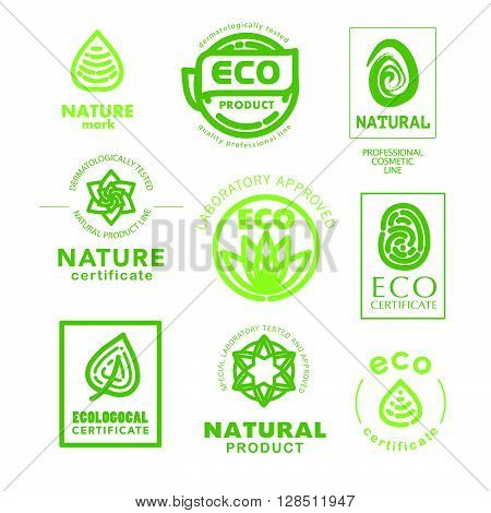 Vector flat eco product emblem set. Ecological cosmetic sign. Eco badge. Finger stamp. Natural product line. Nature certificate quality. Leaf, flower icon. Eco symbol. Natural cosmetics. Eco friendly logo. Bio organic.