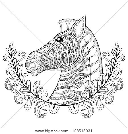 Zebra in Floral frame. Vector zentangle Zebra Head illustration, Horse print for adult anti stress coloring page. Hand drawn artistically ornamental patterned decorative animal for tattoo design