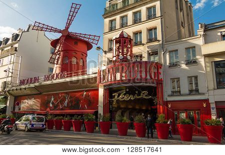 Paris France-May 03 2016: The famous cabaret Moulin Rouge located close to Montmartre on boulevard Clichy in the 18th arrondissement of Paris.