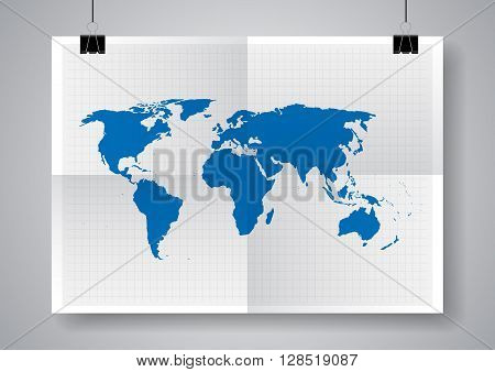 Blue vector map. World map blank. World map template. Twice a folded poster with clamps.
