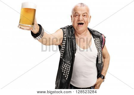 Excited mature punker holding a pint of beer and looking at the camera isolated on white background 