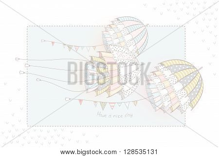 Flying unusual umbrellas - jellyfish. Vector card illustration.