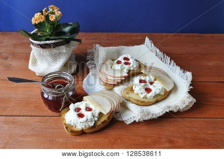 toast with cream cheese and jam for breakfast
