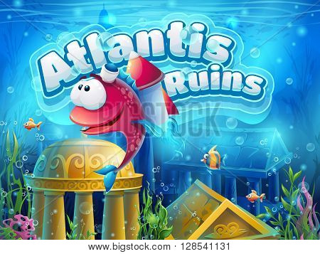 Atlantis ruins funny fish - vector illustration boot screen to the computer game. Bright background image to create original video or web games graphic design screen savers.