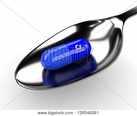 3D Chromium Pill On Spoon Over White