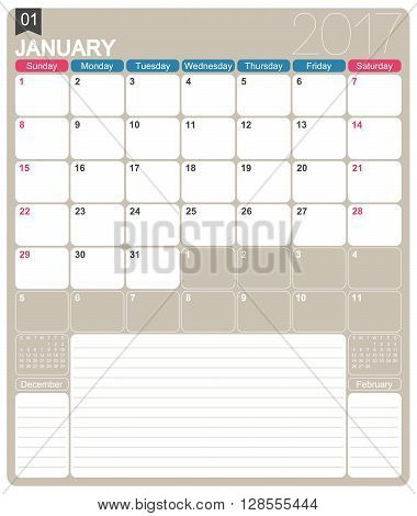 January 2017 English printable monthly calendar template week starts on Sunday.