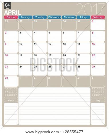 April 2017 English printable monthly calendar template week starts on Sunday.