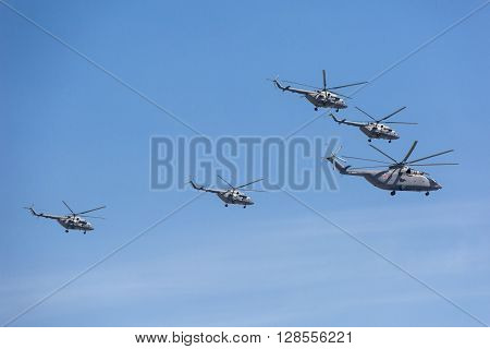 Mi-26 (halo) And Mi-8Amtk (hip) Helicopters Fly On Military Parade Devoted To 70Th Anniversary Of Vi