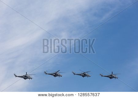 Mi-24 Attack Helicopters Fly On Military Parade Devoted To 70Th Anniversary Of Victory Day In Wwii