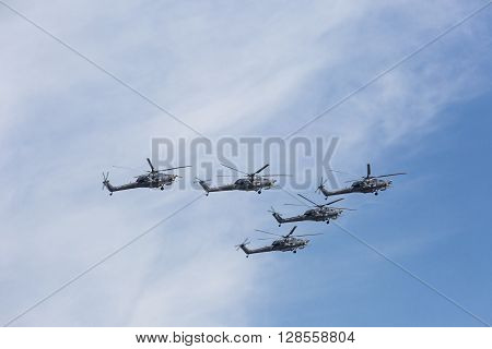 Mi-28N (havoc) Attack Helicopters Of Aerobatic Team Berkuty Fly On Military Parade Devoted To 70Th A