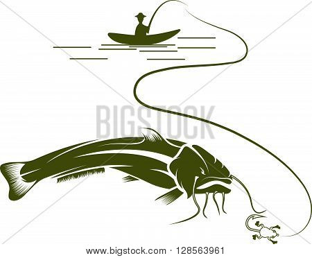 Fisherman On Boat And Catfish Vector Design Template