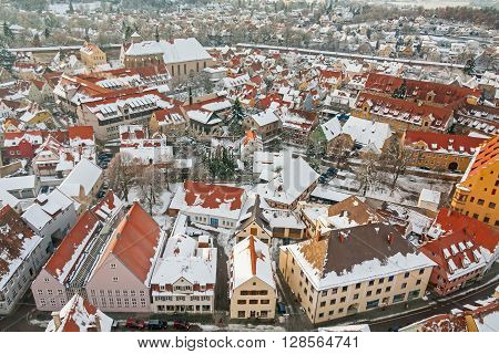 Panoramic top view on winter medieval town within fortified wall. Nordlingen, Bavaria, Germany.