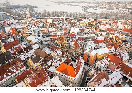 Panoramic top view on winter medieval town within fortified wall. Nordlingen, Bavaria, Germany.