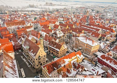 Panoramic top view on winter medieval town within fortified wall. Nordlingen, Bavaria, Germany.