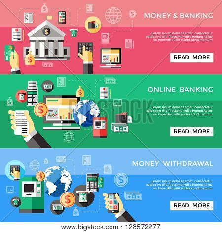 Bank electronic services horizontal banners set with computers cards payment terminals atm office building isolated vector illustration