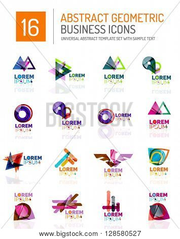 Abstract geometric business logo icon set. Colorful geometrical figure compositions with light effects - triangles circles rings arrows lines