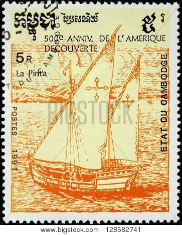 MOSCOW RUSSIA - MAY 01 2016: A stamp printed in Cambodia shows ship Pinta 1st expedition of Columbus (1492) series 
