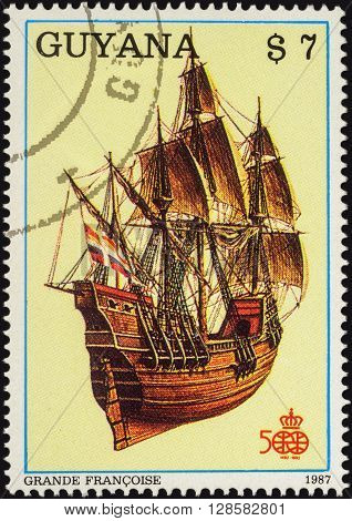 MOSCOW RUSSIA - APRIL 29 2016: A stamp printed in Guyana shows French four-masted sailing ship 