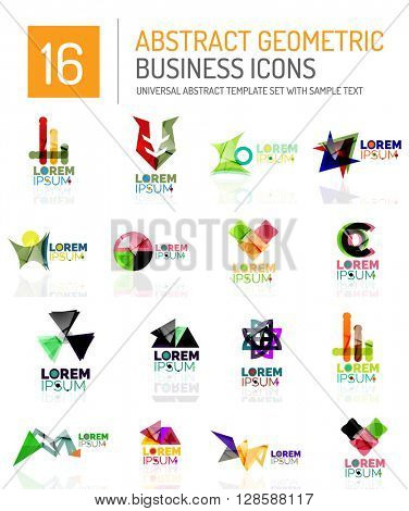 Abstract geometric business logo icon set. Colorful geometrical figure compositions with light effects - triangles circles rings arrows lines