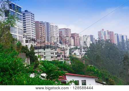Quito skyline seen from valley below with apartment buildings sitting on edge of green mountain side and blue sky background.