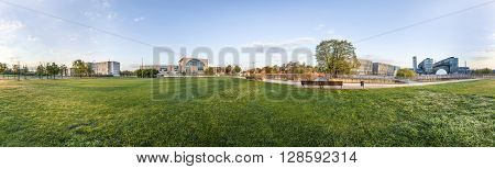 Panorama Of Spreebogen Park In Berlin With Government Buildings In Berlin In Early Morning Light