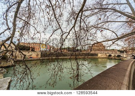 ROME - January 12: Nice view of the river Tiber January 12 2016 in Rome Italy.