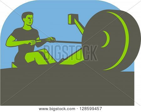 Illustration of a rower exercising on a rowing machine viewed from front set inside half circle done in retro style.