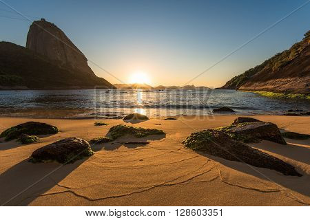 Beautiful Sunrise in the Red Beach (Praia Vermelha) with the Sugarloaf Mountain, Rio de Janeiro, Brazil