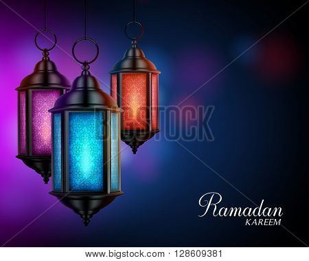 Ramadan Kareem Greetings with Colorful Set of Lanterns or Fanous in a Dark Glowing Background. 3D Realistic Vector Illustration