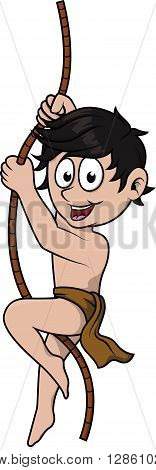 Boy with root rope at junggle .eps10 editable vector illustration design