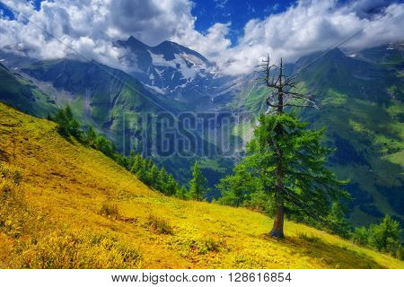 Beautiful view from top of mountain pass. Alps, Europe.