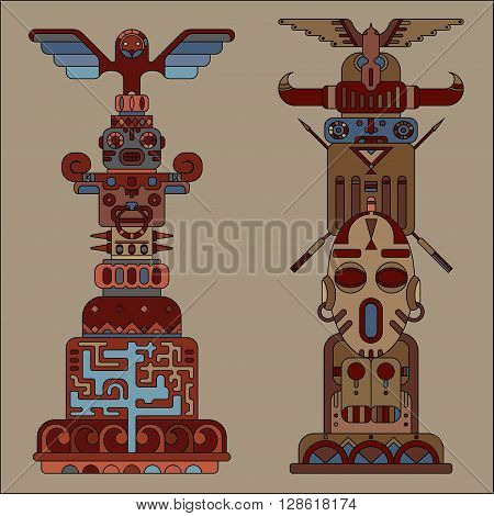 two ethnic colored totem poles, vector illustration, indian and aztec motif