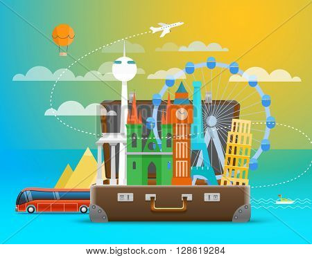 Vacation travelling composition with the open bag. Touristic sighns concept